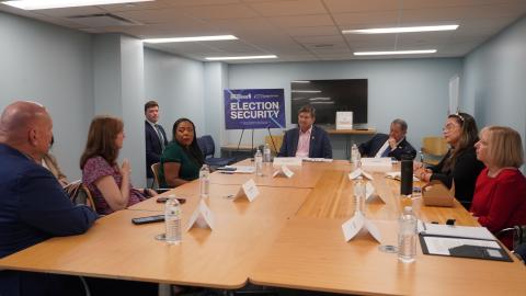 Rep. Schneider and Ranking Member Morelle in conference room for election roundtable