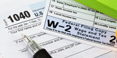 Stock Image of 1040 and W-2 Tax Forms
