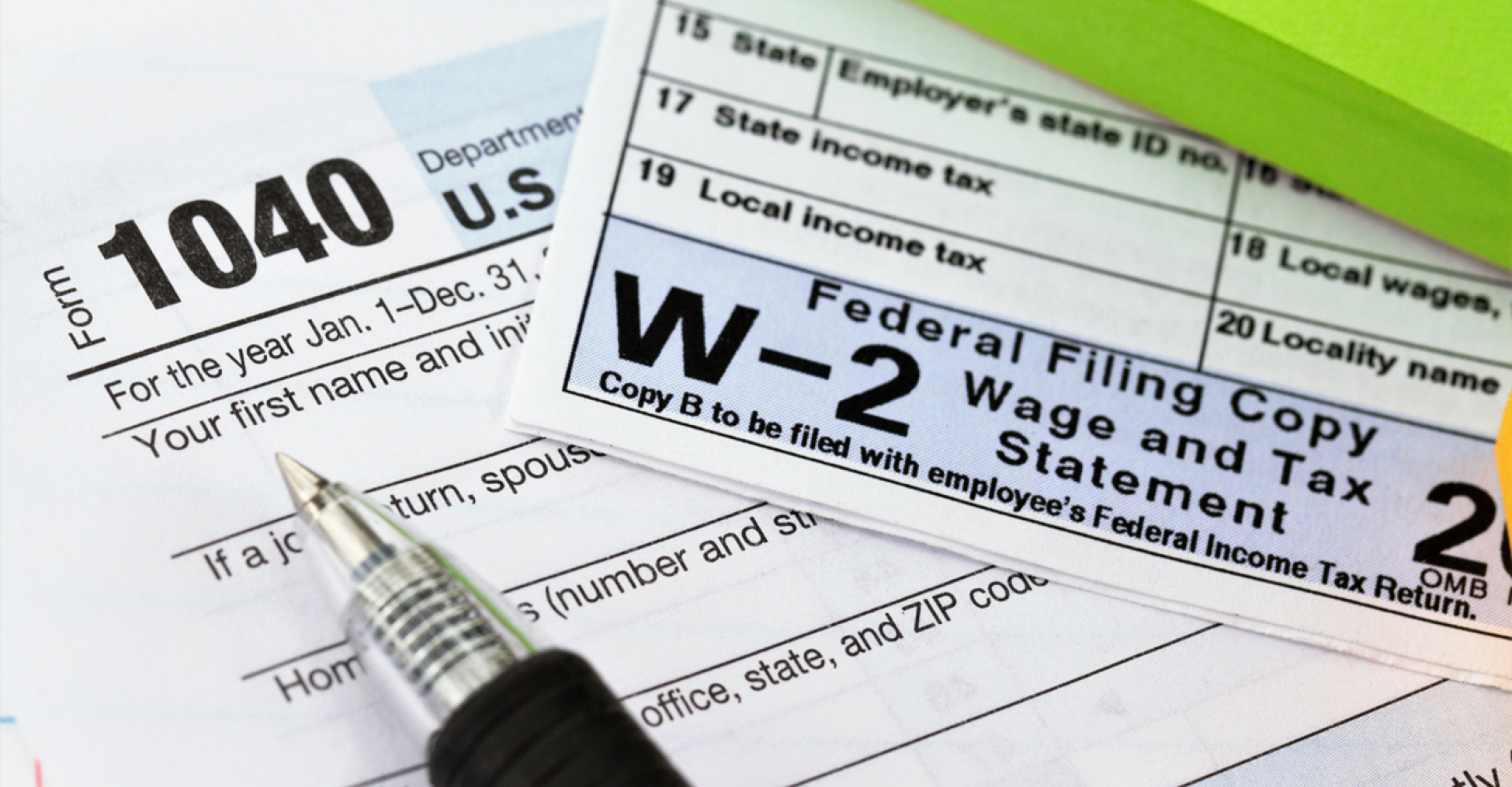 Stock Image of 1040 and W-2 Tax Forms